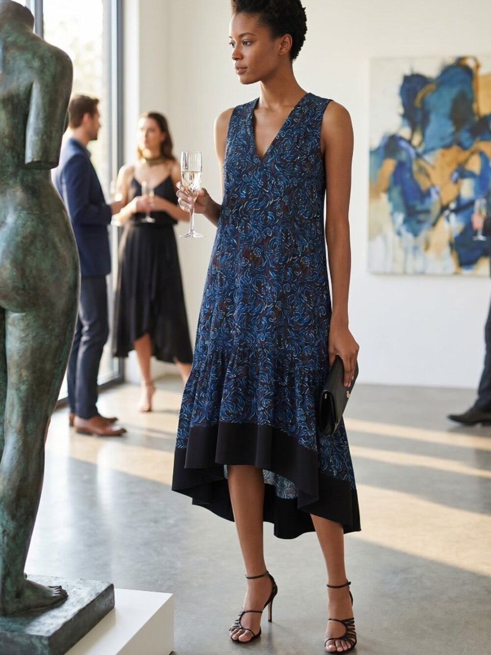 NWT‎ 3.1 PHILLIP LIM High-Low Flounce Hem Midi Dress Black & Blue Size 0, 4 $650